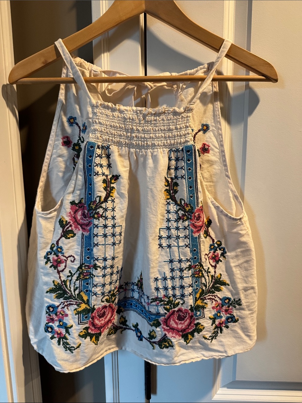 Free People Embroidered White Floral Tank Top with Blue Accents